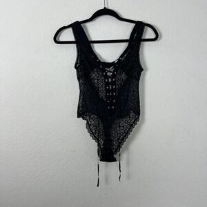 Victorias Secret Dream Angels Sheer Black Lace Up Thong Teddy Bodysuit Small